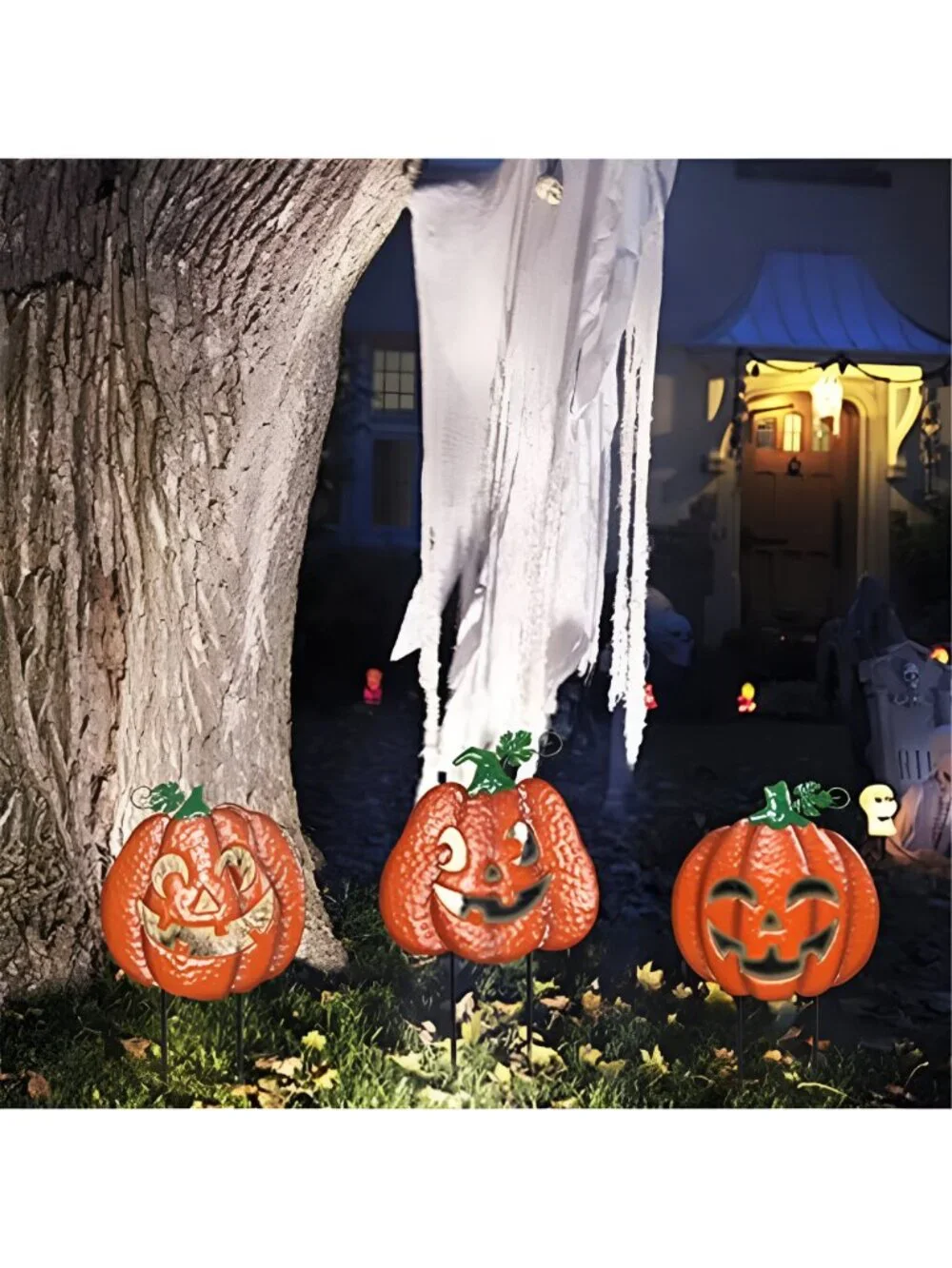 3 Pack Halloween Lighted Pumpkin Garden Stakes, Metal Jack-o-Lantern